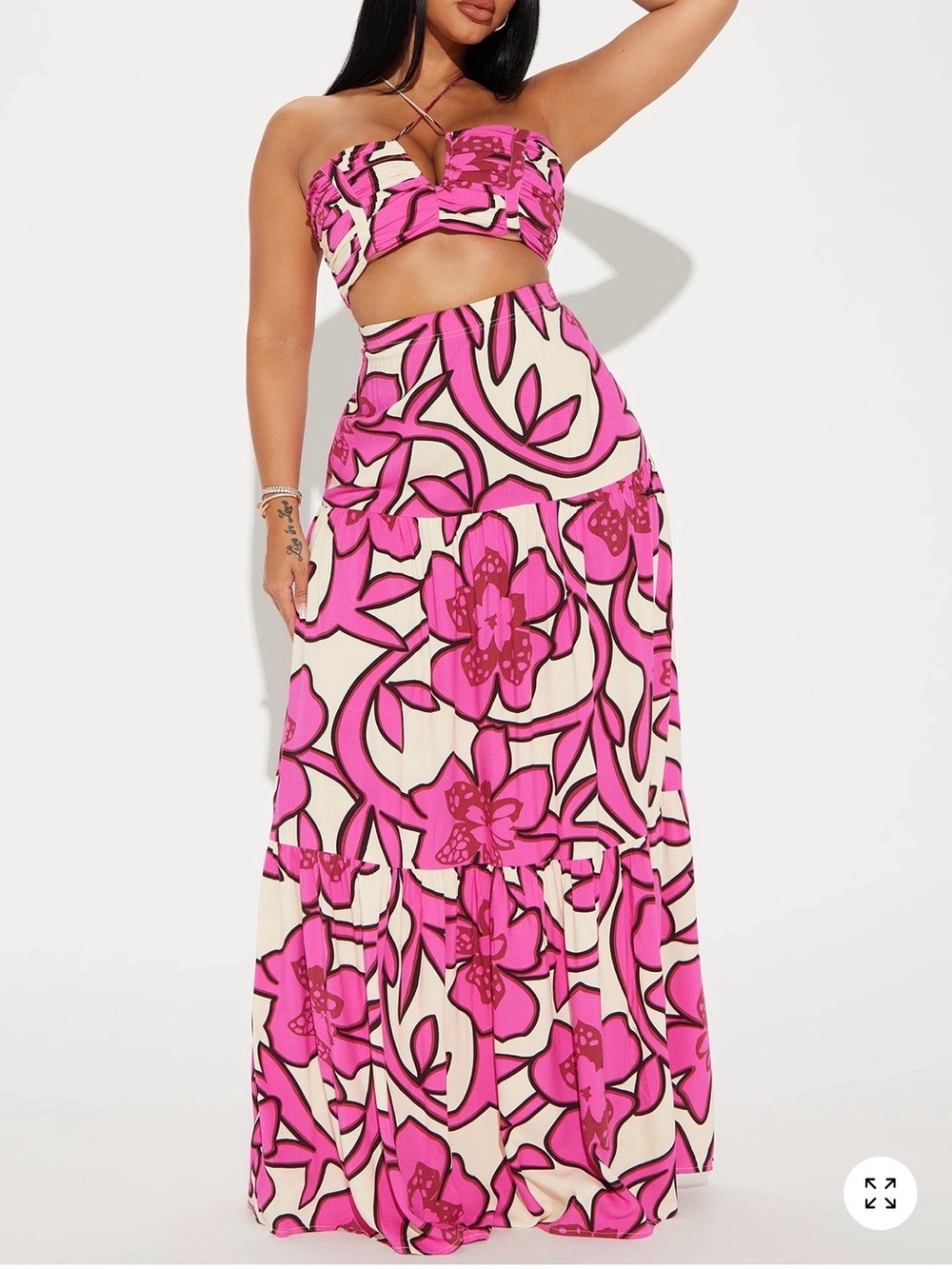 Fashion Nova Lily Tropical Floral Skirt Set - Pink/Cream Maxi 2-Piece